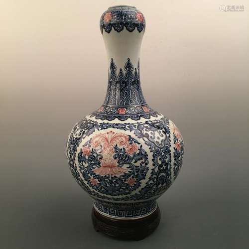 Chinese Blue-White Copper Red 'Floral' Garlic Vase,