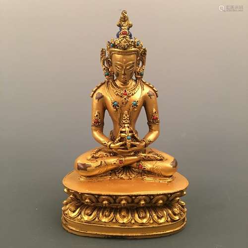 Chinese Gilt Bronze Amitayus Figure Inlaid Gemstones