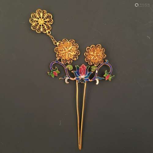 Chinese Gilt Silver Enamel 'Floral'  Hair Clasp