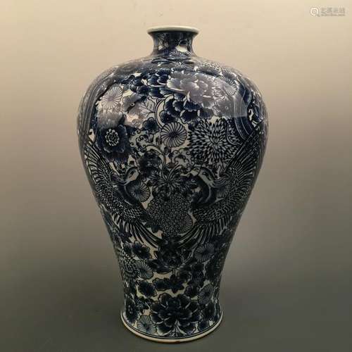 Chinese Blue-White 'Floral & Bird' Meiping Vase