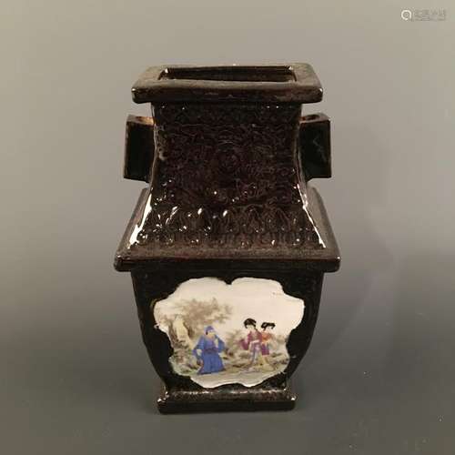 Chinese Black Glazed 'Figure' Square Vase