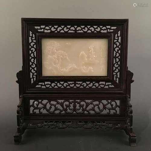 Chinese Hardwood Jade Table Screen