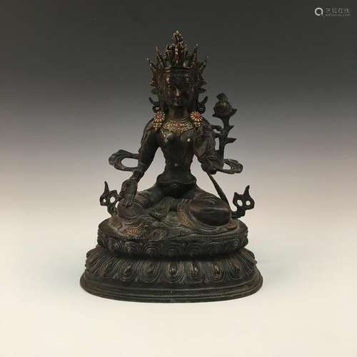 Chinese Bronze Buddha Figure Inlaid Gemstones