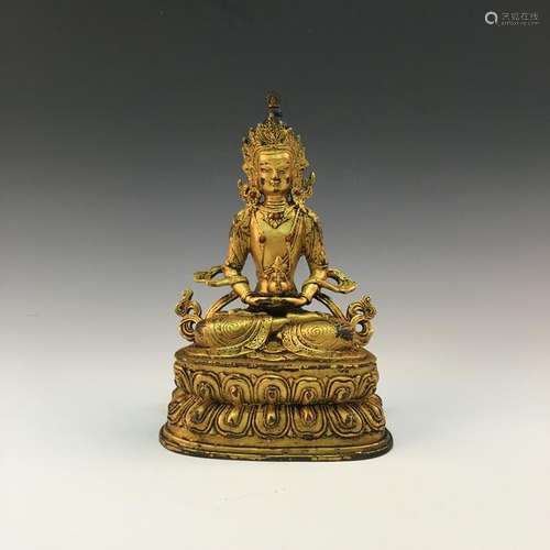 Chinese Gilt Bronze Buddha Figure Inlaid Gemstones