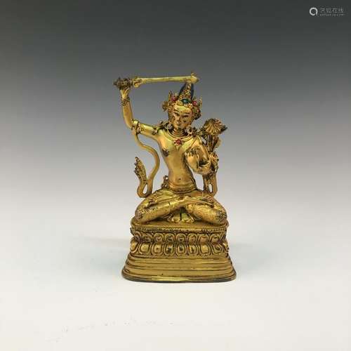 Chinese Gilt Bronze Buddha Figure Inlaid Gemstones