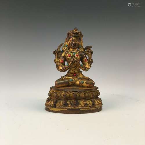 Chinese Gilt Bronze Buddha Figure Inlaid Gemstones