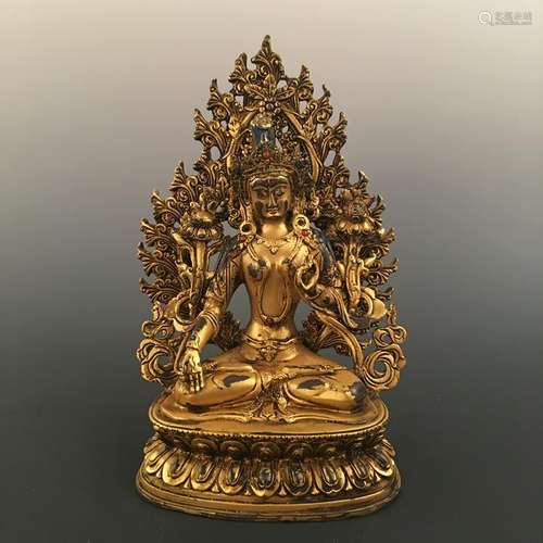 Chinese Gilt Bronze Seated Maitreya Inlaid Gemstones