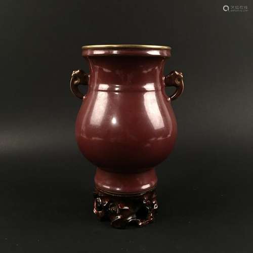 Chinese Red Glazed Gilt Rim Porcelain Vase, Qianlong