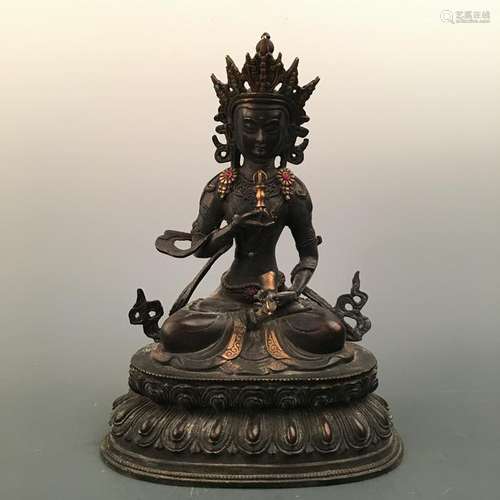 Chinese Bronze Buddha Figure Inlaid Gemstones