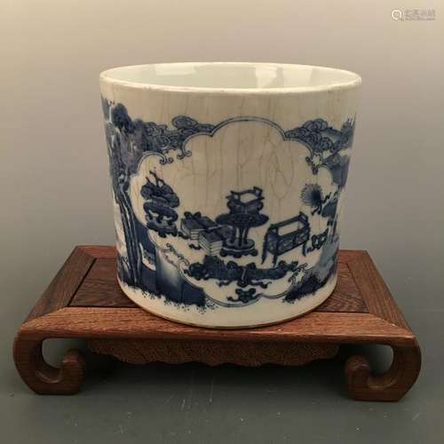 Chinese Blue-White Living Scene Container, Kangxi Mark