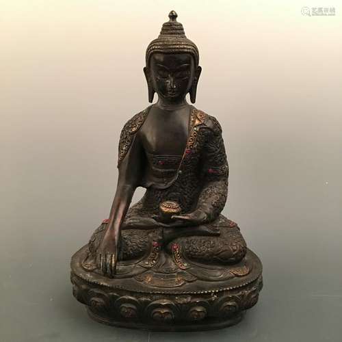 Chinese Bronze Buddha Figure Inlaid Gemstones