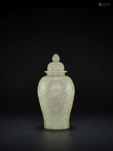 A PALE CELADON JADE MUGHAL STYLE VASE AND COVER