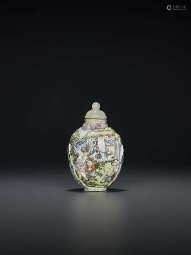 A MOLDED PORCELAIN SNUFF BOTTLE