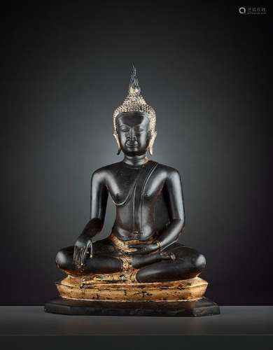 A BUDDHA SHAKYAMUNI LACQUER GILT BRONZE