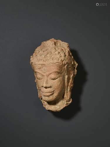 A MON DVARAVATI TERRACOTTA HEAD OF BUDDHA