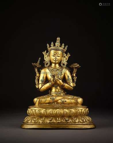 AN EXTREMELY RARE GILT BRONZE FIGURE OF MANJUSRI, …