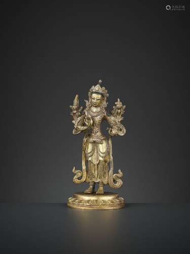 A GILT BRONZE STANDING MANJUSHRI, QIANLONG