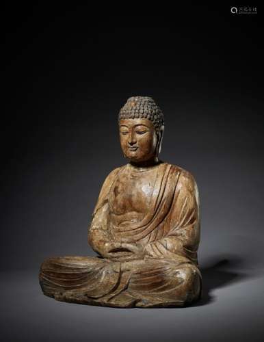 A LARGE CARVED WOOD FIGURE OF BUDDHA, MING
