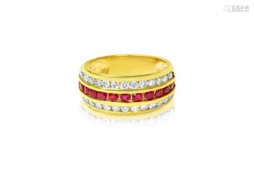14k Yellow Gold, 2.25ct Diamond and Burma Ruby Ring.