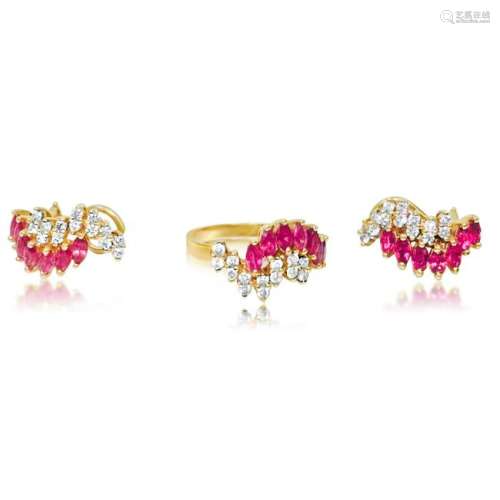 14K gold. 2.4 ct Ruby and Diamond Earrings & Ring set