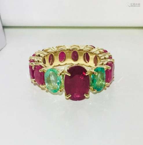 12.70 TCW ruby & emerald gemstone; 14k gold ring