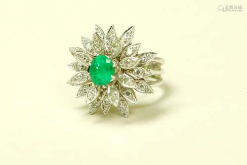 14K White Gold, Emerald & Diamond Cocktail Ring
