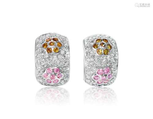 2.0 CT white, pink & yellow diamonds in 14k earrings