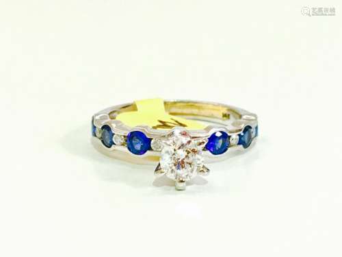 14K WHITE BLUE SAPPHIRE AND DIAMOND ENGAGEMENT RING