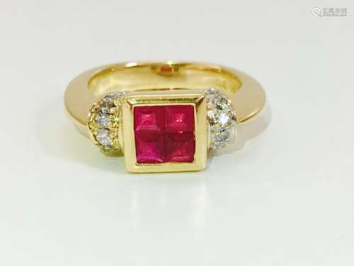 18K Gold, 0.92 carat diamond and natural ruby ring