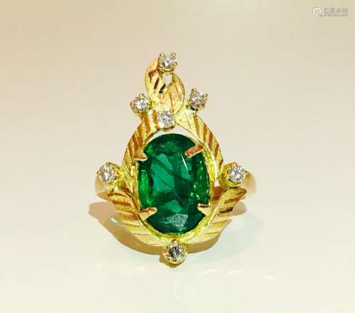 18K Gold, 3.24 Carat Emerald and Diamond Ring