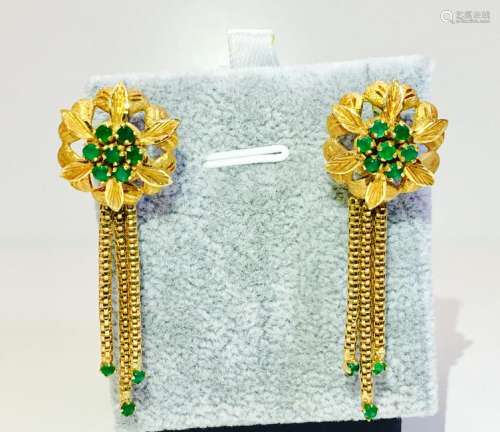 Vintage 18K Yellow Gold & Emerald Dangle Earrings