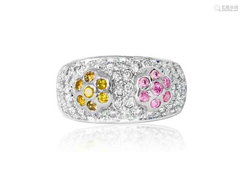 14K Gold. 1.10 CT; white, yellow and pink diamond ring