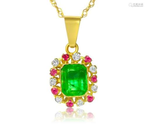 3.00 Carat Diamond, Emerald & Ruby Pendant. 18K Gold