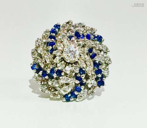 14K, 3.00 CT Diamond and Blue Sapphire Cocktail Ring