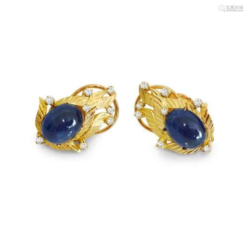 18K Gold, Natural Blue Sapphire & Diamond Earrings