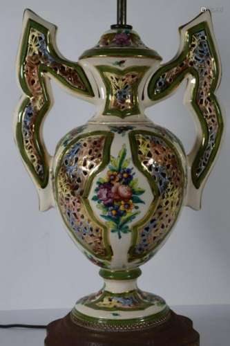 ITALIAN PAINTED RETICULATED PORCELAIN URN LAMP