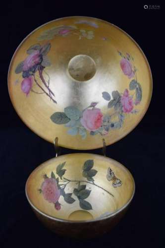 2 REVERSE PAINTED FLORAL BUTTERFLY GOLD BOWLS