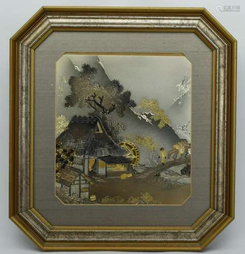 FRAMED JAPANESE CHOKIN ART VILLAGE SCENE