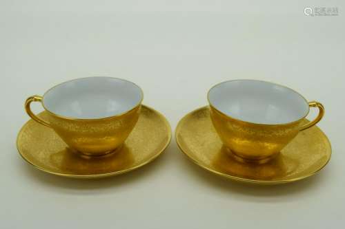 RARE PAIR ANTIQUE GOLD PORCELAIN CUP & SAUCERS