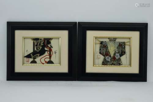 2 REIKO NAKAGAWA KIMONO FABRIC ART FRAMED