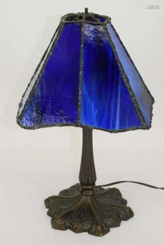 BOB MORGAN BRONZED LAMP & BLUE STAINED GLASS
