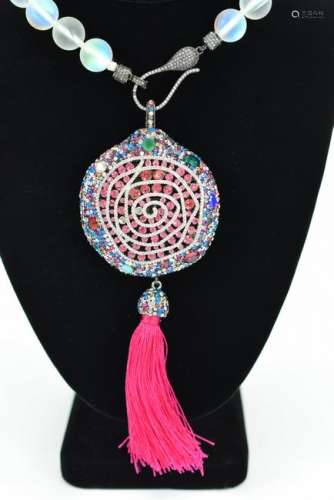 IRRIDESCENT GLASS BEAD NECKLACE & BLING PENDANT
