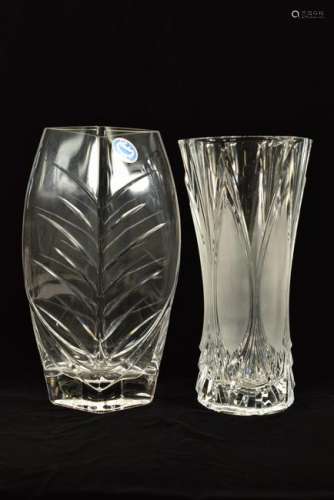 2 TALL CRYSTAL VASES CUT LEAF & FROSTED