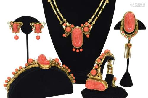 COSTUME GOLD & CORAL CAMEO JEWELRY SUITE