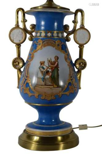 19TH C. OLD PARIS BLUE GOLD PORCELAIN URN LAMP