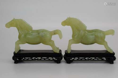 PAIR CHINESE CARVED JADE HARDSTONE HORSES