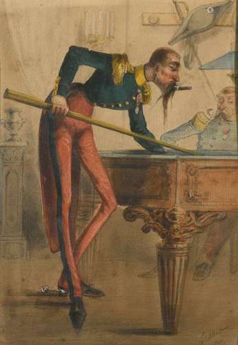 Jules Renard DRANER (1833-1926).- Officier jouant au billard.- Aquarelle signée [...]