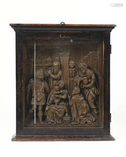 Ecole flamande XVIIe.- Sainte Famille.- Sculpture sur panneau de bois en [...]