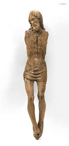 Ecole française XVIIe.- Grand Christ en bois sculpté.- 126 x 25 x 25 cm.- [...]