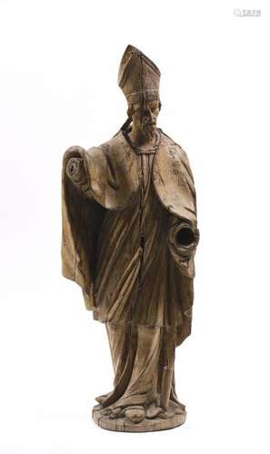 Ecole française XVIIIe.- Saint-Evêque.- Sculpture en bois.- 86 x 29 x 17 cm.[...]